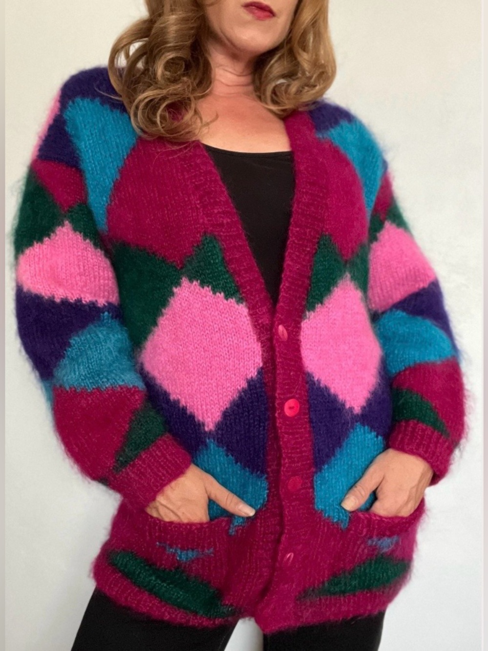 Vintage 80s Premier Collection Petites Mohair Diamond Argyle Cardigan Sweater S